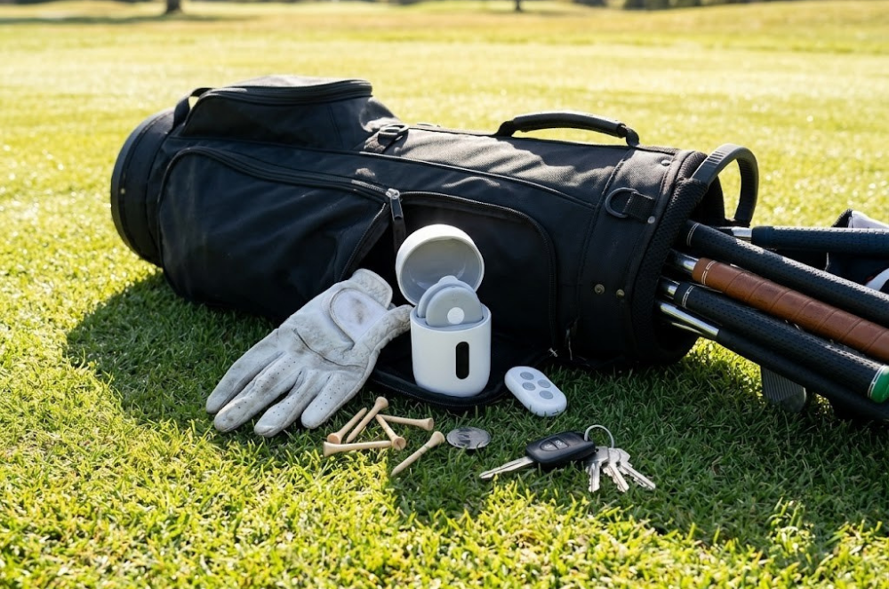 NuSpine wireless pods and remote on a golf bag