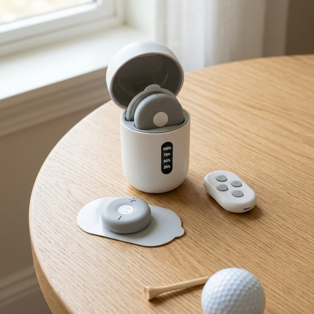 NuSpine Golf Relief Set: charging case, two wireless pods and remote