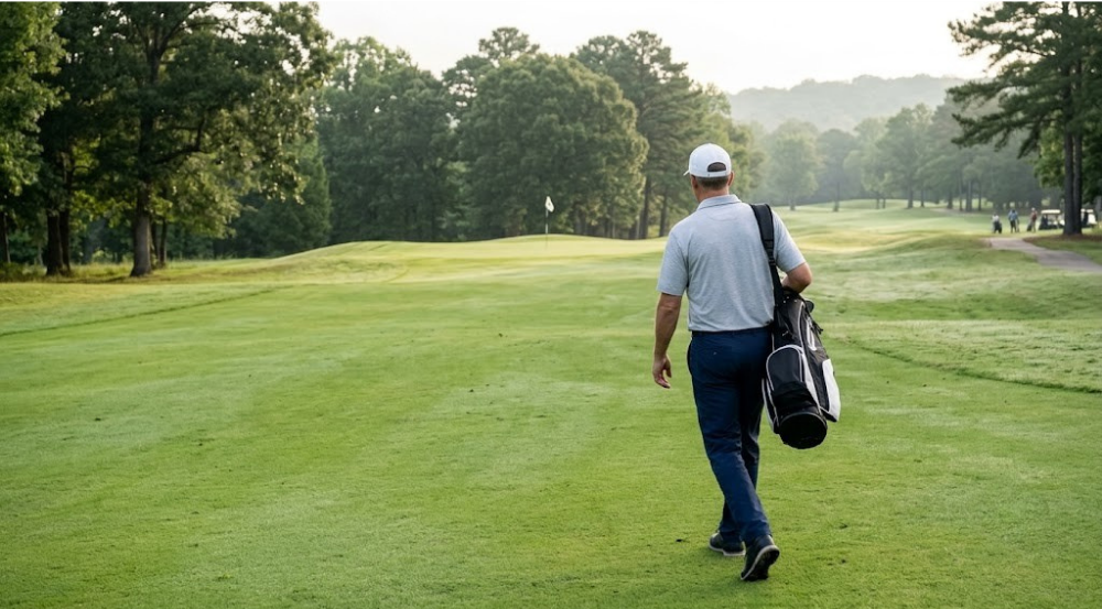 Golfer walking the fairway with a golf bag